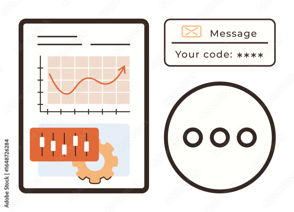 Poster chart with rising graph, control sliders, gear icon, and authentication code in message card. ideal 