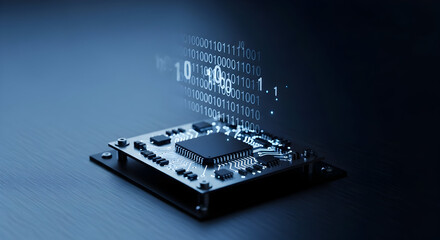 Modern circuit board with binary code data transfer for innovative technology and digital solutions