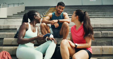 Runner, phone and relax with friends in stadium for training schedule, team and sports stats....