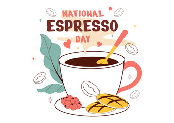 National Espresso Day Celebration Vector Illustration on November 23 Featuring a Coffee Cup and Coffee Beans in a Flat Style Cartoon Background