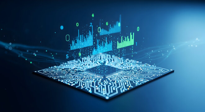 Dynamic digital data streams flowing from advanced circuit board, showcasing technological innovation and financial analytics with futuristic glow