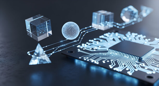 Modern circuit board with binary code data transfer for innovative technology and digital solutions