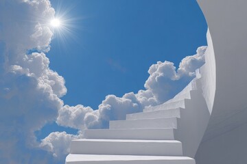Spiral stairway ascending to a bright sky