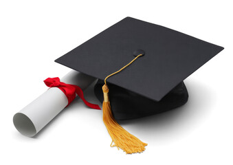graduation cap and diploma with red ribbon.