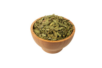 Dried leaves o Lemon verbena in latin Aloysia citrodora in wooden bowl isolated on white...