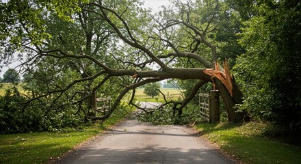 Sunlit country driveway obscured by a fallen trees twisted branches amidst a serene backdrop