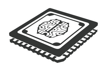 Isometric Microchip with Brain on Top, Isolated on White Background