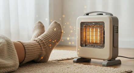 Soft warm lighting envelops feet near portable heater on a cozy rug with sparks emanating softly