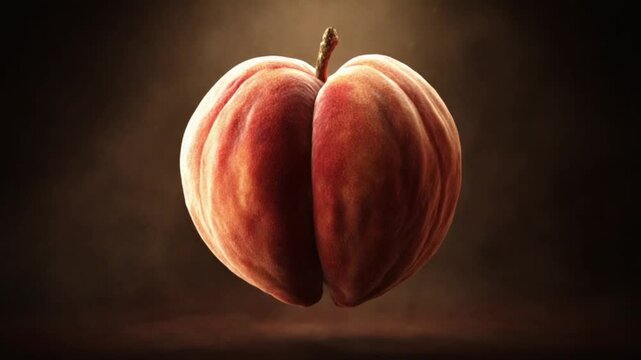 A reddish-orange, segmented sphere with a small brown stem, suspended in a moody, dark background