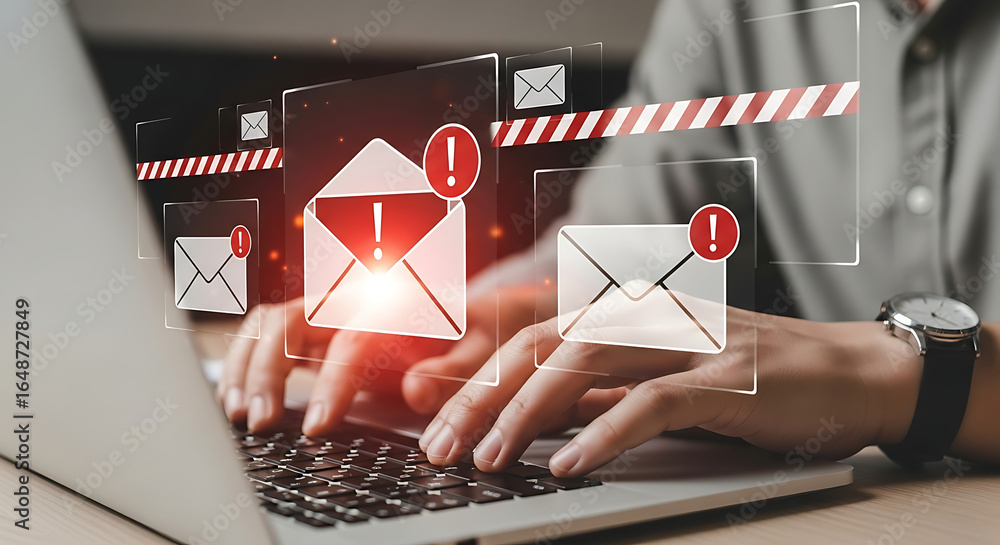 Poster person typing on laptop with email icons and warning symbols overlayed on the screen display concept