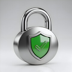 Shiny Metal Padlock with Green Shield and Checkmark Security Icon

