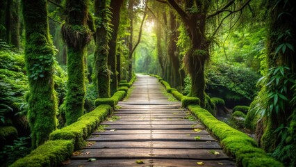 Obraz premium Serene Woodland Path A Tranquil Walk Through Lush Greenery, Moss-Covered Trees, and Sunlit Canopy