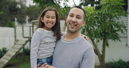 Happy, backyard and portrait of father with child for bonding, love and family time together....