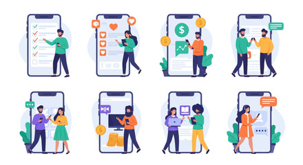 A collection of illustrations depicting people interacting with mobile phone interfaces, showcasing various app functionalities.