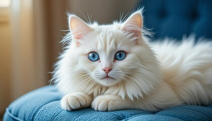 portrait of a fluffy white cat with blue eyes