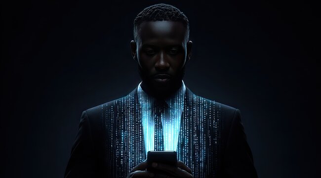 Man in suit holding phone, digital code flows around