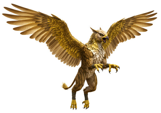 Majestic mythical griffin with golden wings spread wide in a commanding pose against black