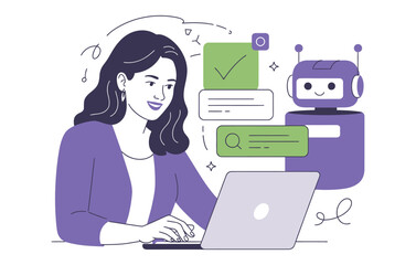 Vector art of a woman is working on her laptop while a robot is standing next to her, they are communicating through chat bubbles isolated on white background the robot is helping her with work