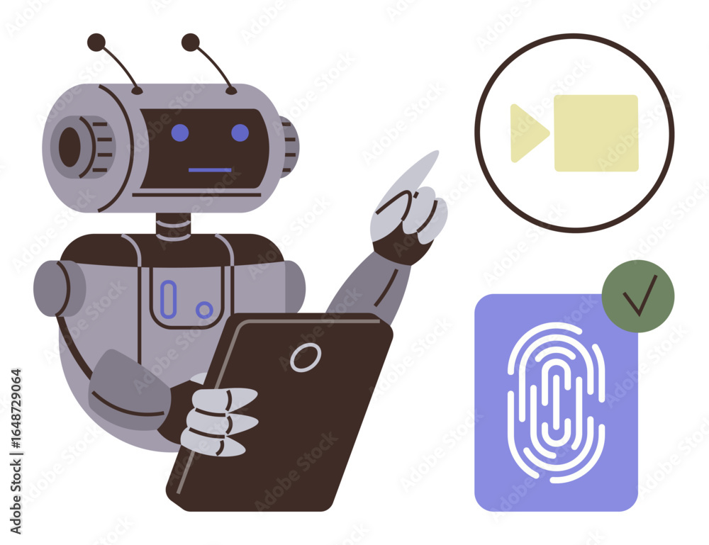 Poster robot interacting with a tablet, pointing to video authentication and fingerprint access icons. idea