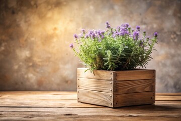 Rustic Wooden Crate Holds Vibrant Purple Blossoms on Weathered Wooden Table Against Textured Background