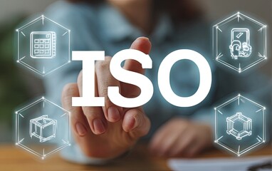 Woman's finger pointing at ISO text overlaid with technical icons