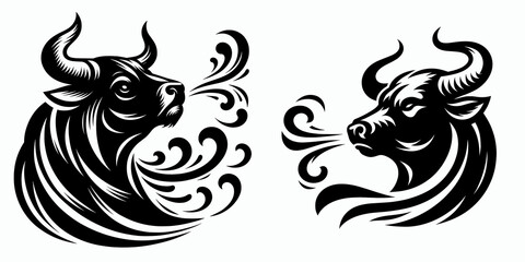 Naklejka premium Bulls chuffing breath rhythm. Cartoon Animal Clipart Silhouette Vector Illustration Line Art Illustration. Large cattle snorting air cadence for agriculture farming livestock sound.