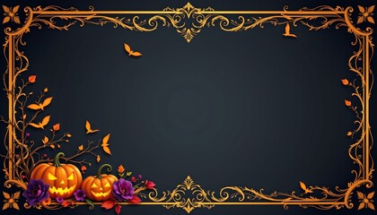 An autumnal themed frame with a dark background, ornate borders, and decorative elements such as pumpkins, leaves, and bats. At the center is a blank space meant for an announcement or message.