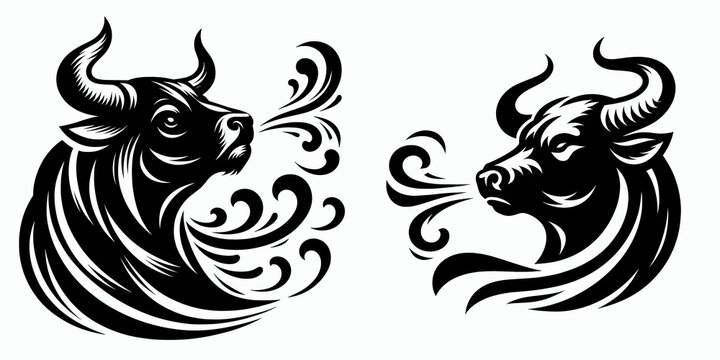Bulls chuffing breath rhythm. Cartoon Animal Clipart Silhouette Vector Illustration Line Art Illustration. Large cattle snorting air cadence for agriculture farming livestock sound.