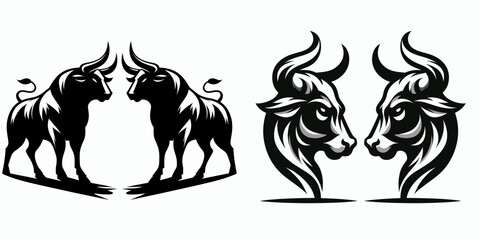 Fototapeta premium Bulls facing off symmetrical stance. Cartoon Animal Clipart Silhouette Vector Illustration Line Art Illustration. Male cattle competing balanced posture contest even form rival challenge.