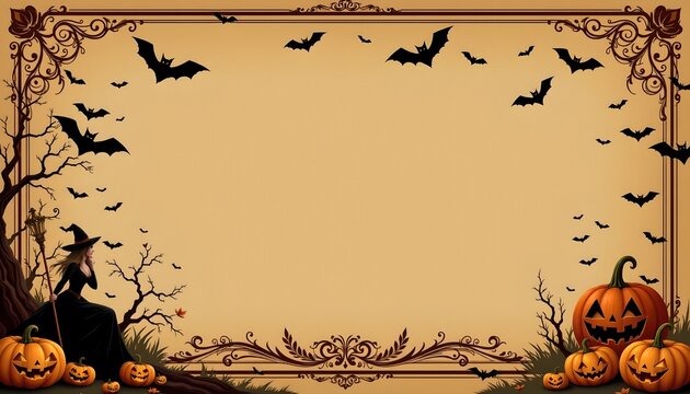 The image is a seasonal graphic that features an autumnal Halloween theme. It has a warm, sepia tone and includes decorative elements like bats, pumpkins, and spider webs
