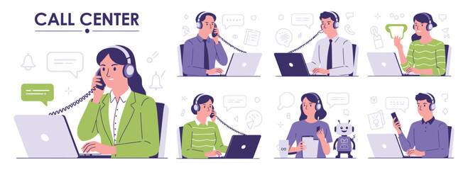 Vector art of call center customer service agents with headsets and laptops providing support and assistance isolated on white background