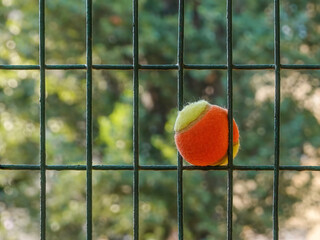 Tennis ball  stuck in the  fence with blur background