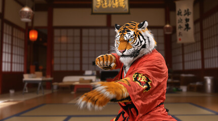 Tiger in Red Gi Practicing Martial Arts in Traditional Japanese Dojo