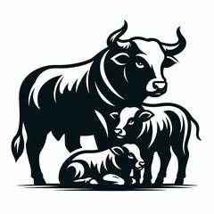 Fototapeta premium Bulls sheltering calves together. Cartoon Animal Clipart Silhouette Vector Illustration Line Art Illustration. Male cattle protect young animal a farming concept about safeguarding.