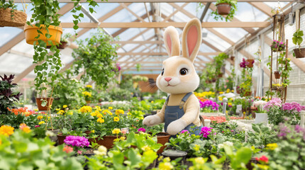 Cute Bunny Mascot in Vibrant Greenhouse with Spring Flowers and Lush Green Plants