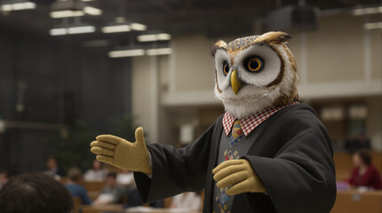 Wise Owl Mascot in Academic Robe Presenting in University Lecture Hall