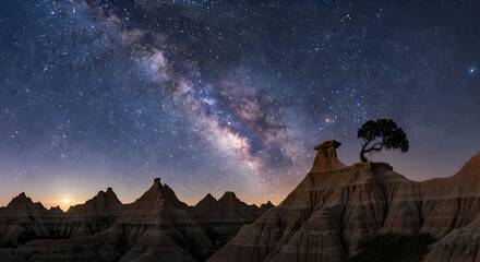 Witness the awe-inspiring Milky Way arching over a dramatic landscape, illuminated by light trails, evoking a sense of wonder and exploration of the night sky, perfect for travel campaigns.