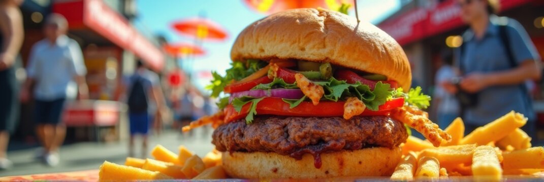 Delicious beef burger with fries at outdoor festival