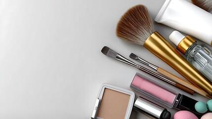 Collection of Makeup Tools and Cosmetic Products on Light Gray Background