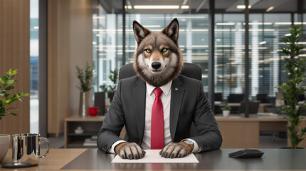 Professional Wolf in Business Suit at Modern Office Desk