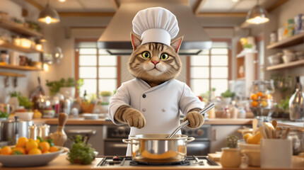 Whimsical Tabby Cat Chef Preparing a Meal in a Warm, Inviting Kitchen