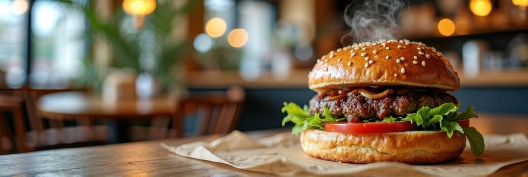 Juicy beef burger with lettuce and tomato on sesame bun in cozy restaurant setting