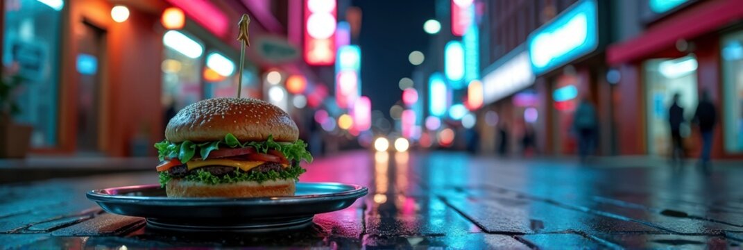 Gourmet burger on plate in vibrant urban street at night with neon lights