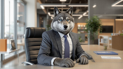 Professional Wolf Executive in Business Suit at Modern Office Desk