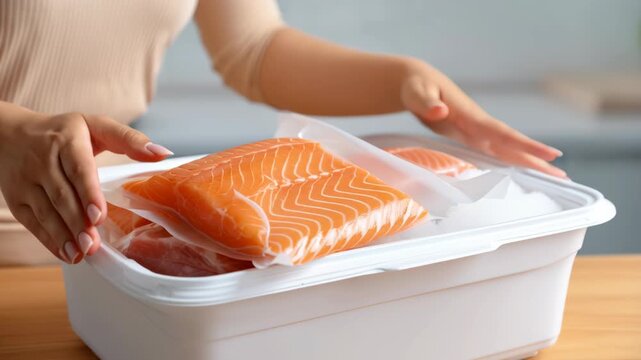 Frozen food delivery service ensures cold chain shipping for fresh salmon fillet in vacuum sealed packaging, packed for freshness and quality