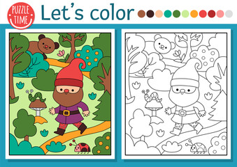 Pre-made coloring page for children with dwarf going through forest. Vector fairytale outline illustration with gnome and woodland scene or landscape. Fantasy color book for kids with colored example