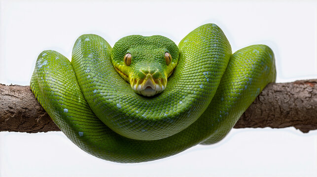 Green tree python coiled around branch facing camera on white background