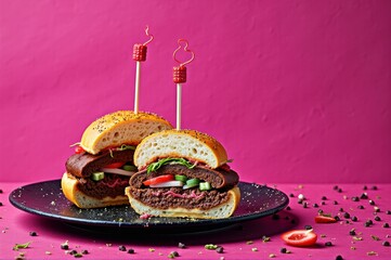 Delicious vegan burger cut in half on pink background with heart skewers
