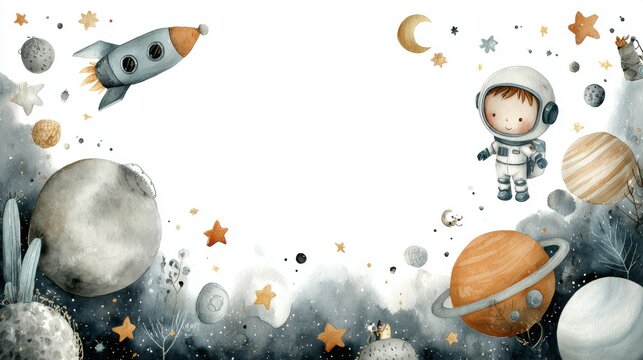 Watercolor children's white and blue illustration on a space theme with space for text: spaceship, cute astronaut in a white spacesuit, planets