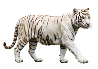 Obraz premium Majestic white tiger walking gracefully on a black background showcasing elegance and power